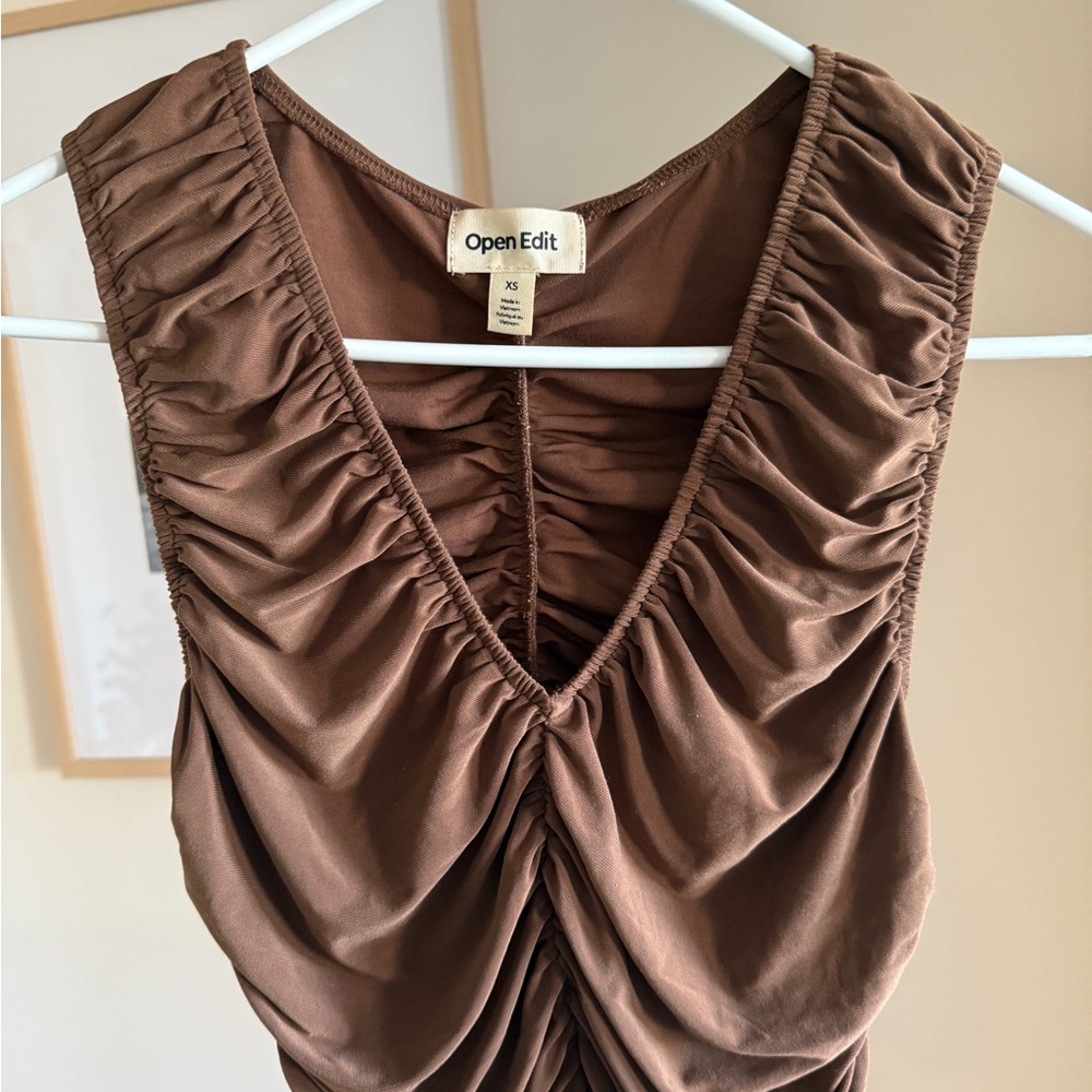 Open Edit Brown Ruched Sleeveless Top